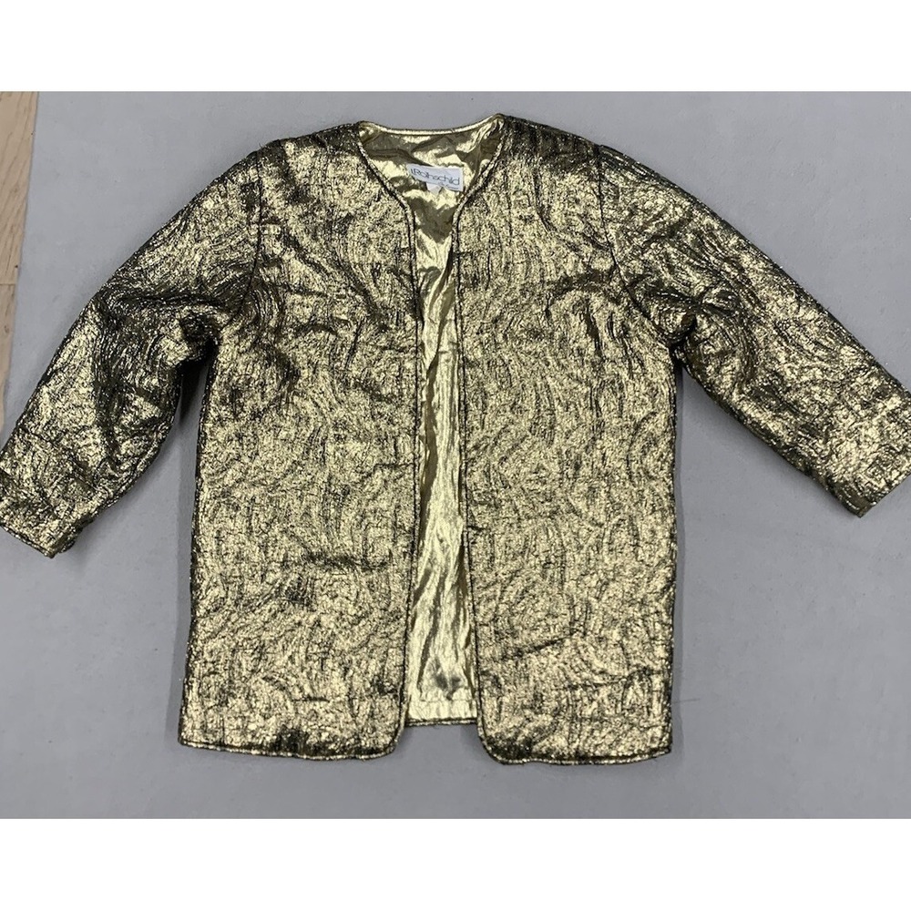 L Rothschild Jacket Women's Size Medium Gold Metallic Crinkle Open Front Vintage